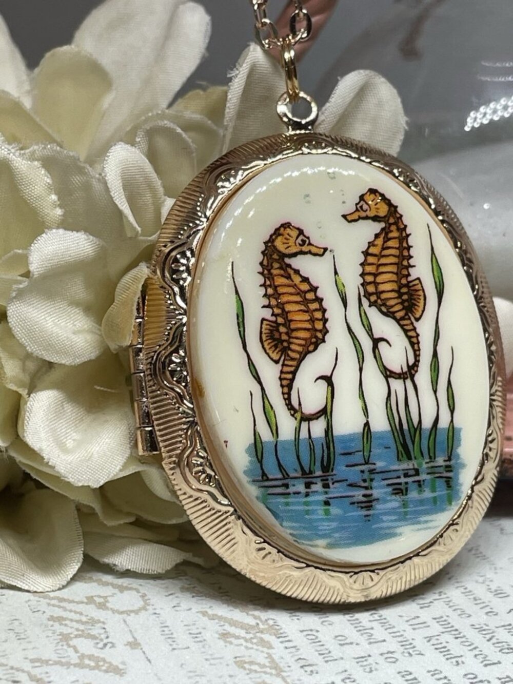 ROSE gold Necklace Beach Seahorse Sea locket Wedding Photo Jewelry birthday